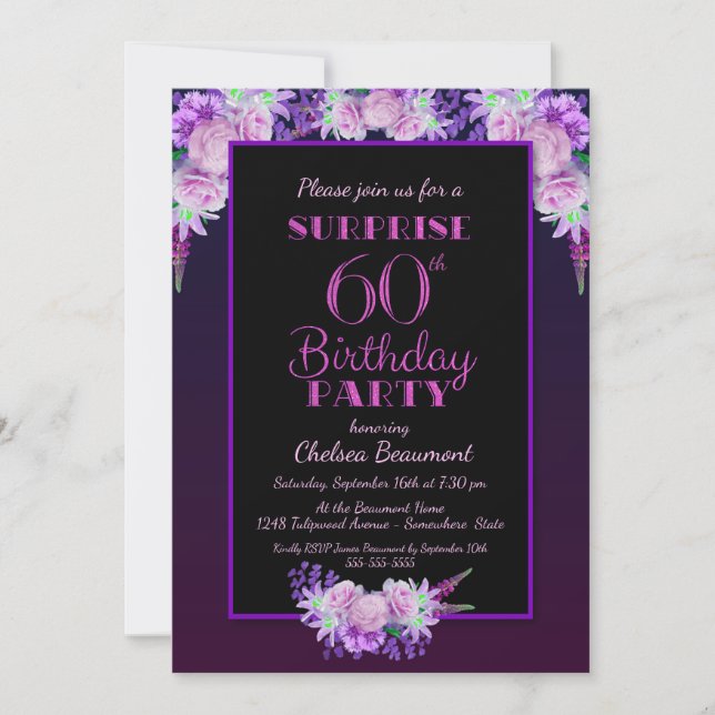 Invitation Purple Floral Black Surprise 60e fête d'anniversai (Devant)