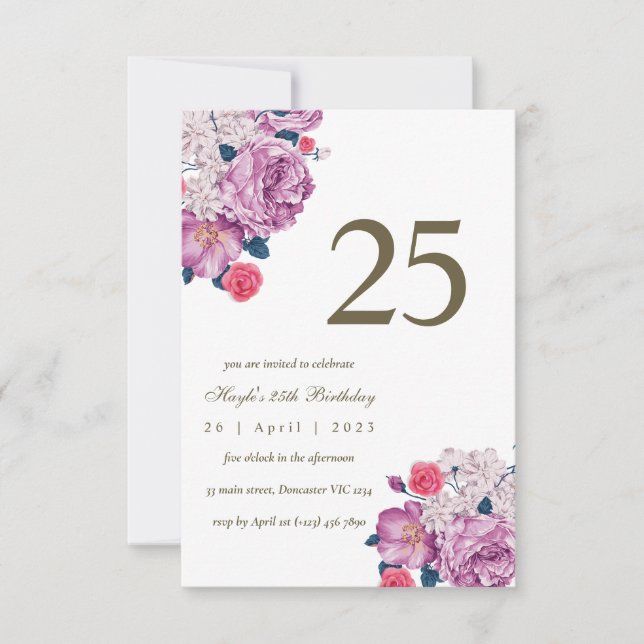 Invitation Purple Floral Botanical Simple Chic 25e anniversai (Devant)