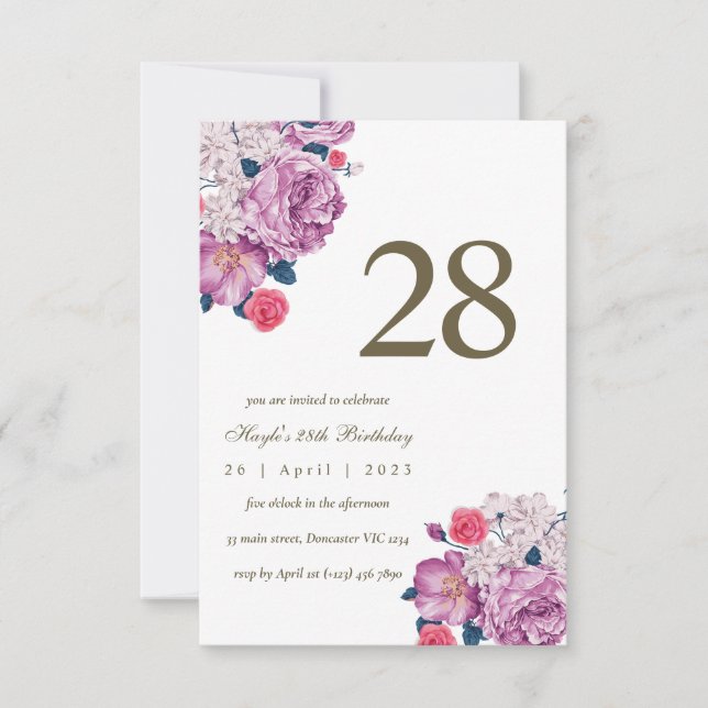 Invitation Purple Floral Botanical Simple Chic 28e anniversai (Devant)