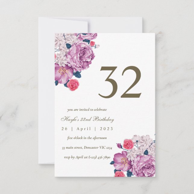 Invitation Purple Floral Botanical Simple Chic 32e anniversai (Devant)