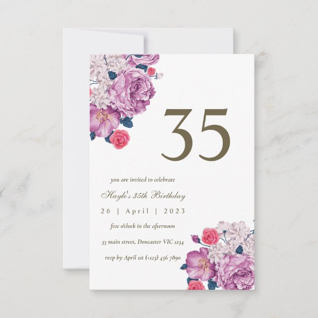Invitation Purple Floral Botanical Simple Chic 35e anniversai (Devant)
