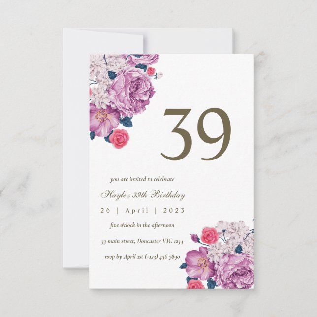 Invitation Purple Floral Botanical Simple Chic 39e anniversai (Devant)