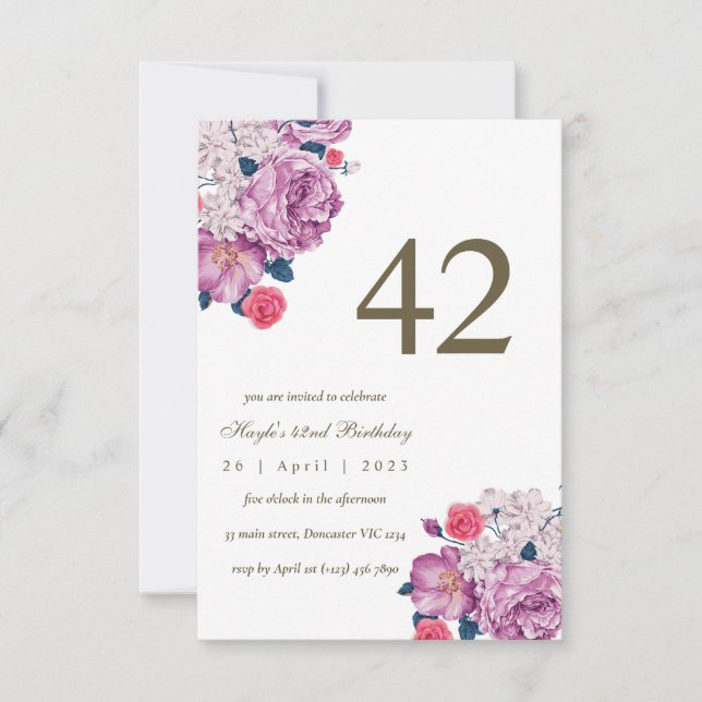 Invitation Purple Floral Botanical Simple Chic 42e anniversai (Devant)