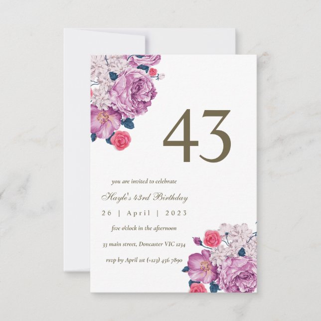 Invitation Purple Floral Botanical Simple Chic 43ème annivers (Devant)