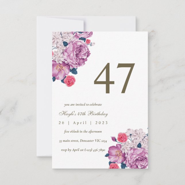 Invitation Purple Floral Botanical Simple Chic 47e anniversai (Devant)