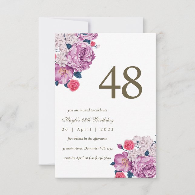 Invitation Purple Floral Botanical Simple Chic 48e anniversai (Devant)