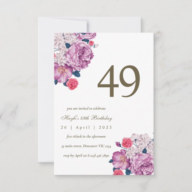 Invitation Purple Floral Botanical Simple Chic 49e anniversai (Devant)