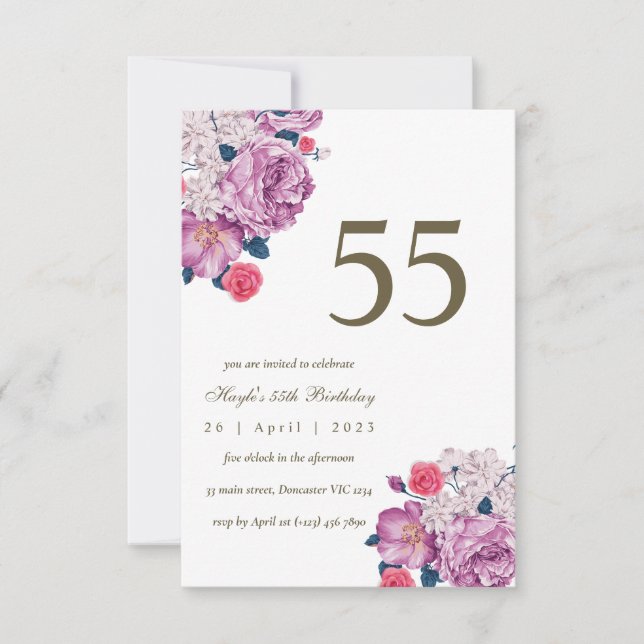 Invitation Purple Floral Botanical Simple Chic 55e anniversai (Devant)