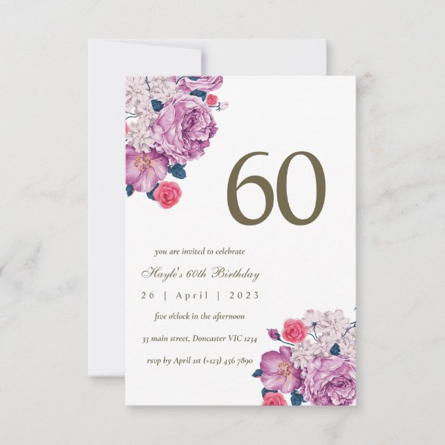 Invitation Purple Floral Botanical Simple Chic 60e anniversai (Devant)