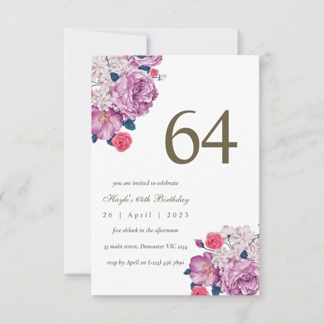 Invitation Purple Floral Botanical Simple Chic 64e anniversai (Devant)