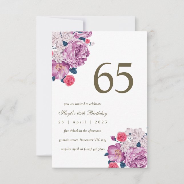 Invitation Purple Floral Botanical Simple Chic 65e anniversai (Devant)