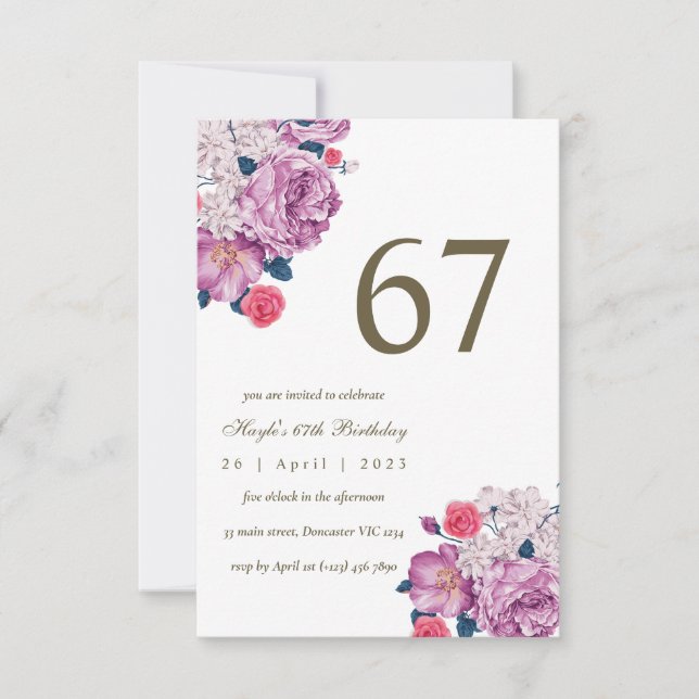 Invitation Purple Floral Botanical Simple Chic 67e anniversai (Devant)
