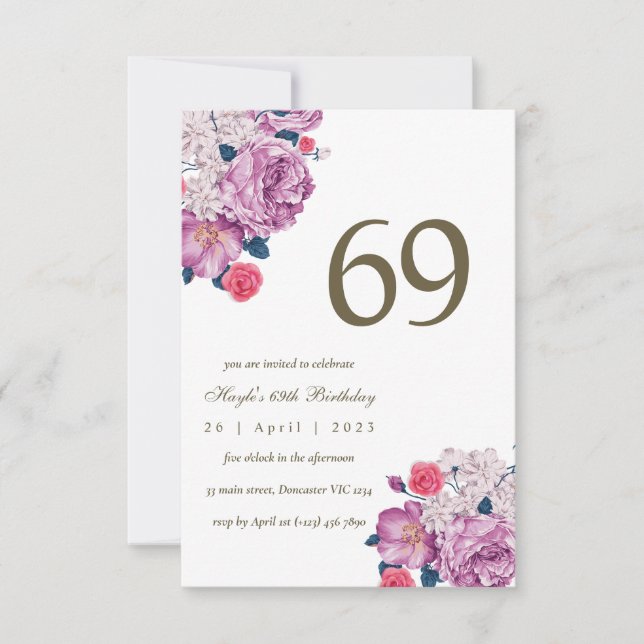 Invitation Purple Floral Botanical Simple Chic 69e anniversai (Devant)