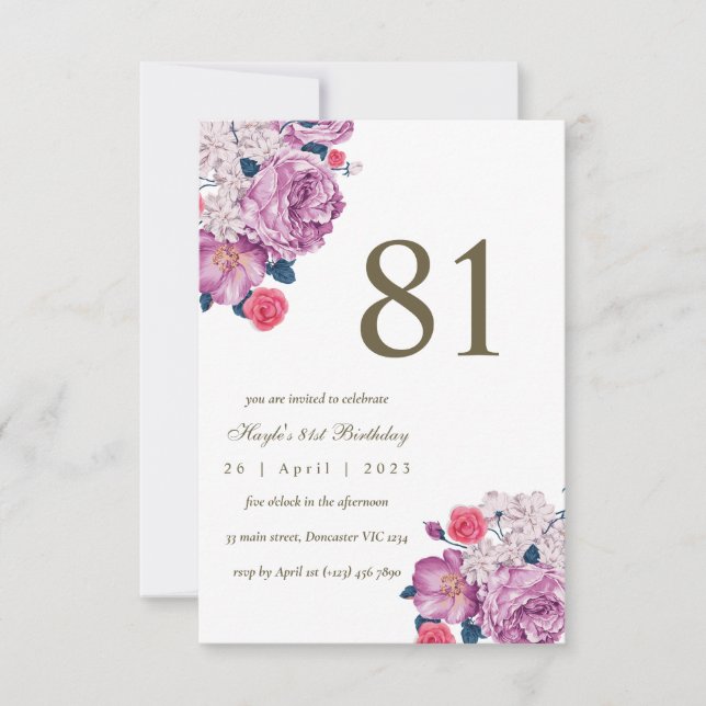 Invitation Purple Floral Botanical Simple Chic 81e anniversai (Devant)