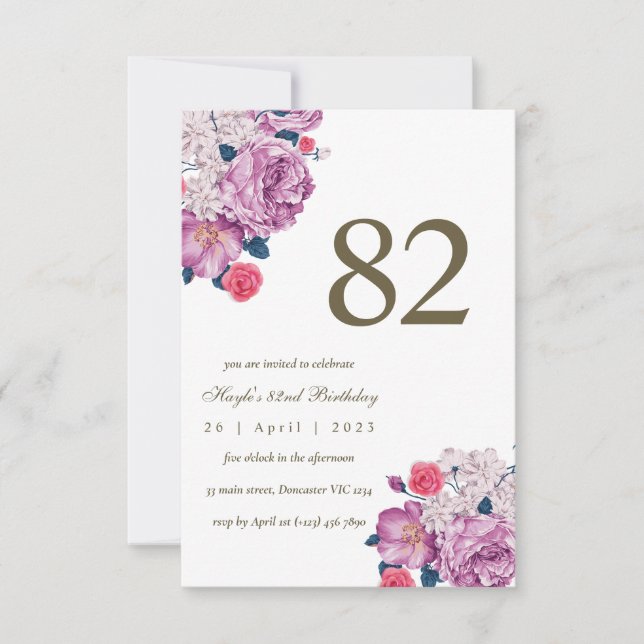 Invitation Purple Floral Botanical Simple Chic 82e anniversai (Devant)