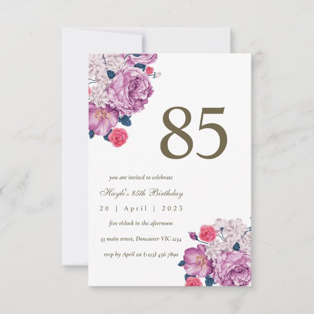 Invitation Purple Floral Botanical Simple Chic 85e anniversai (Devant)