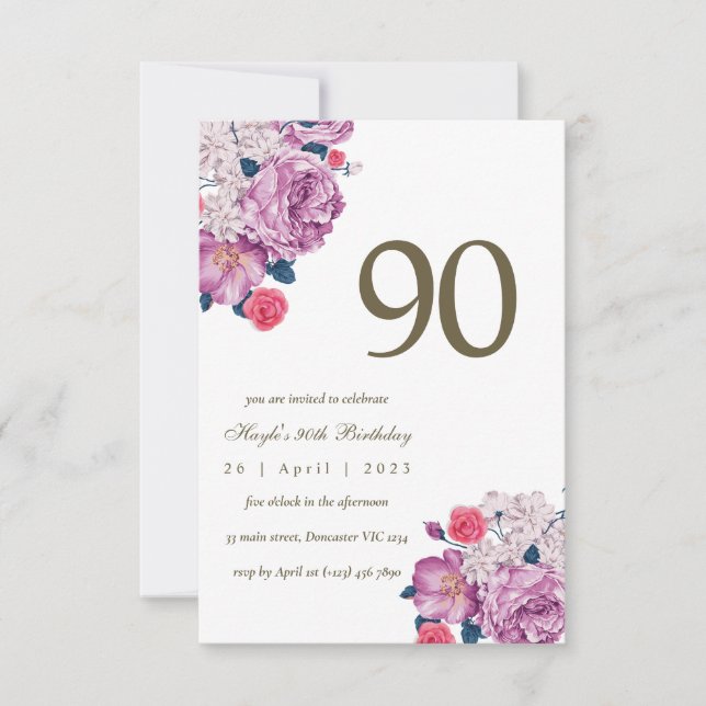 Invitation Purple Floral Botanical Simple Chic 90e anniversai (Devant)