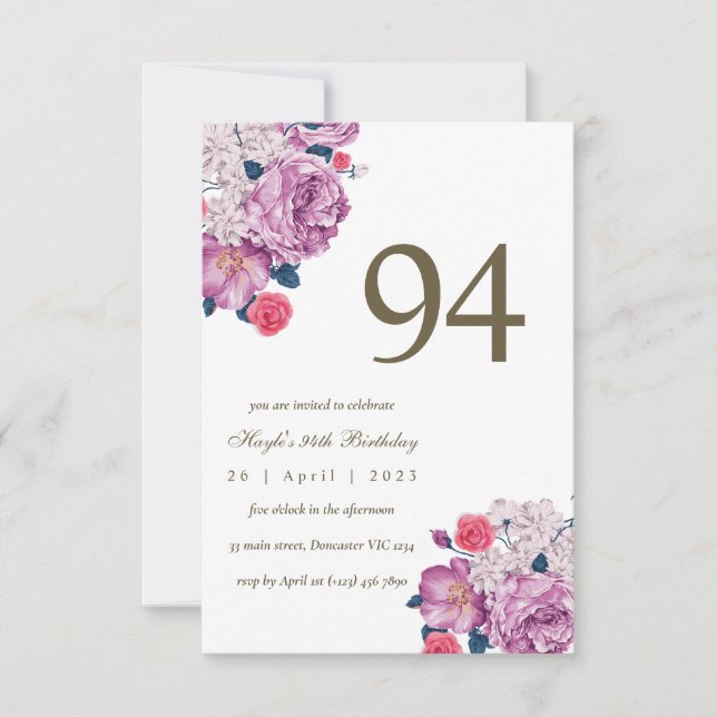 Invitation Purple Floral Botanical Simple Chic 94e anniversai (Devant)