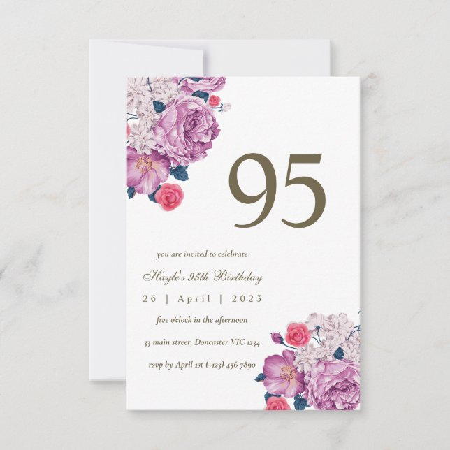 Invitation Purple Floral Botanical Simple Chic 95e anniversai (Devant)