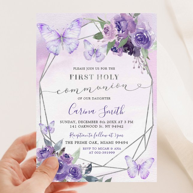 Invitation Purple Floral Butterfly Girl première sainte commu (Créateur téléchargé)