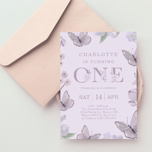 Invitation Purple Floral Butterfly Girl's 1st Birthday Party