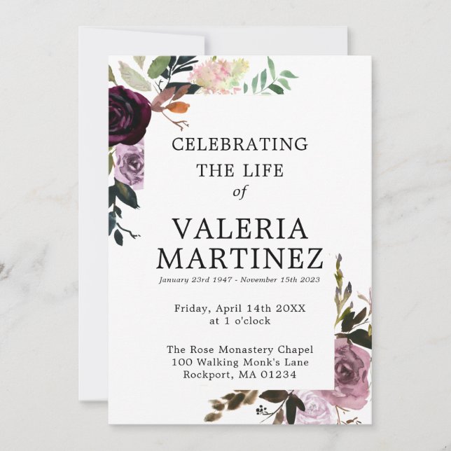 Invitation Purple Floral Celebration of Life Funeral Program (Devant)