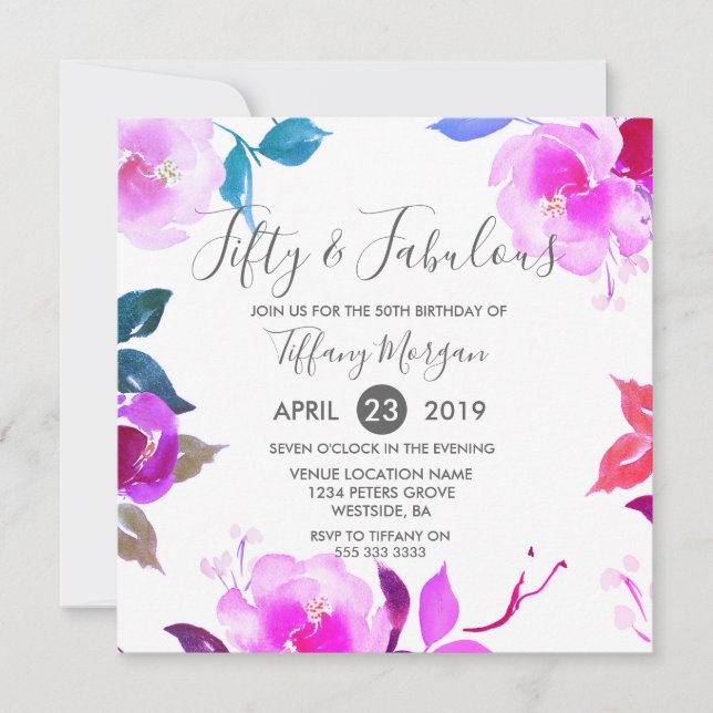 Invitation Purple Floral Cinquante et fabuleux 50ème annivers (Devant)