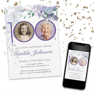 Invitation Purple Floral Elégant Photo personnalisée 100e ann