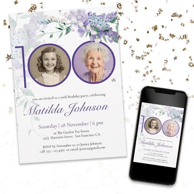 Invitation Purple Floral Elégant Photo personnalisée 100e ann (Mock Up View)
