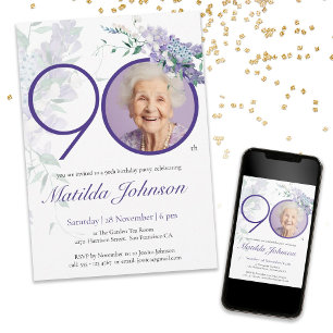Invitation Purple Floral Elégant Photo personnalisée 90e anni