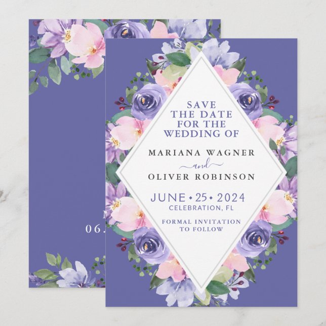 Invitation Purple Floral Enregistrer la date (Devant / Derrière)