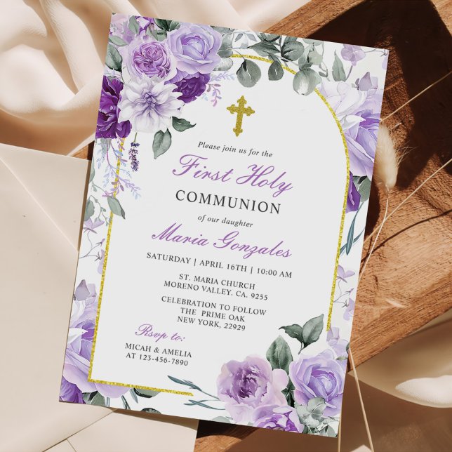 Invitation Purple Floral Fille Première Sainte Communion (Créateur téléchargé)