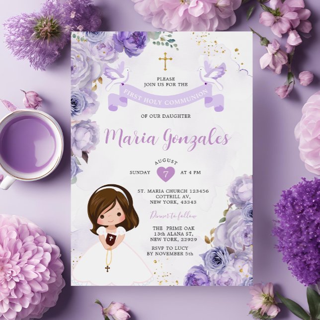 Invitation Purple Floral Fille Première Sainte Communion Croi (Créateur téléchargé)