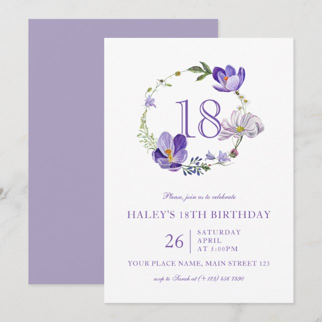 Invitation Purple Floral Fleur sauvage Élégant 18ème annivers (Devant / Derrière)