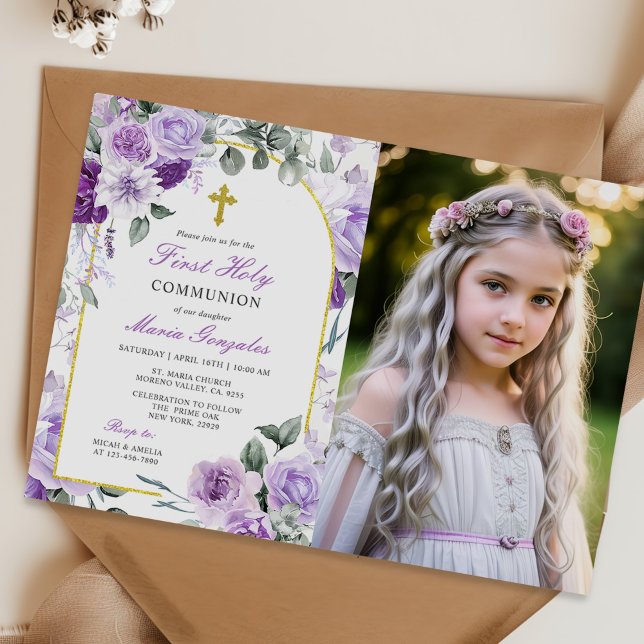 Invitation Purple Floral Girl First Holy Communion Photo (Créateur téléchargé)