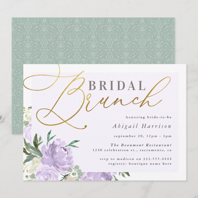 Invitation Purple Floral Gold Script Lavender Bridal Brunch (Devant / Derrière)