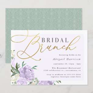 Invitation Purple Floral Gold Script Lavender Bridal Brunch