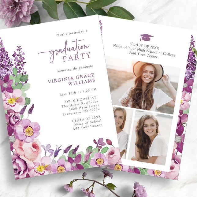 Invitation Purple Floral Graduation Party (Elegant Purple Floral Graduation Party Invitation Photo Collage by Painted Paperie
)