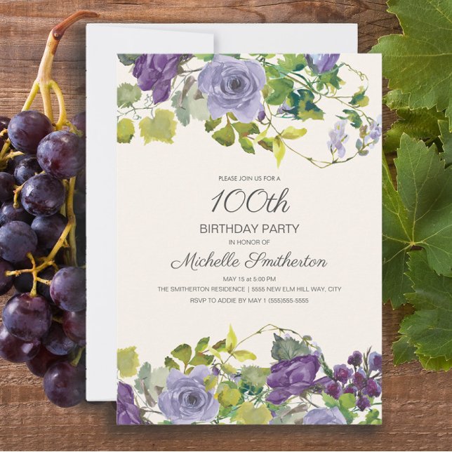 Invitation Purple Floral Green Feuilles 100e anniversaire (Purple floral and vines 100th birthday party invitation)
