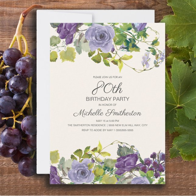 Invitation Purple Floral Green Feuilles 80e anniversaire (Purple floral and green vines 80th birthday party invitation)