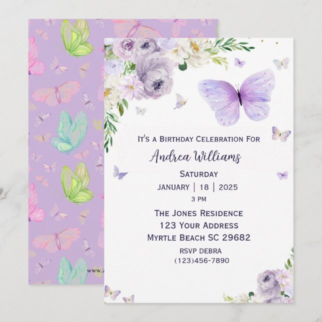 Invitation Purple Floral Papillon fête d'anniversaire (Devant / Derrière)