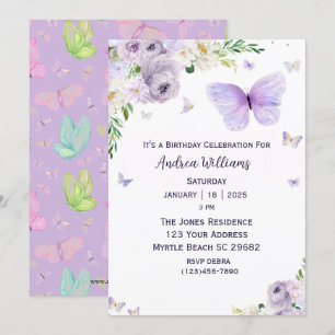Invitation Purple Floral Papillon fête d'anniversaire