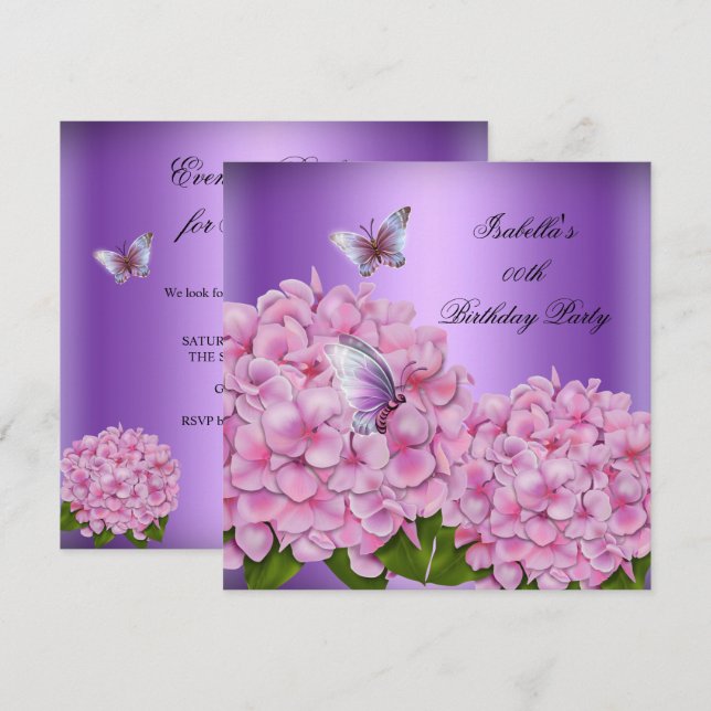 Invitation Purple Floral Papillon rose fête d'anniversaire (Devant / Derrière)