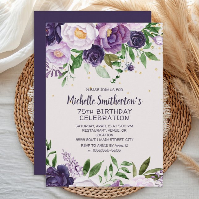 Invitation Purple Floral Parties scintillant 75e anniversaire (Purple floral women's 75th birthday party banner)