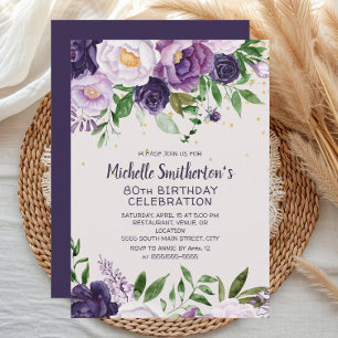 Invitation Purple Floral Parties scintillant 80e anniversaire