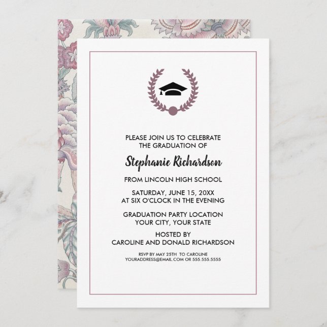 Invitation Purple Floral Pattern Parti de Graduation (Devant / Derrière)