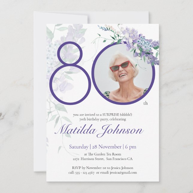 Invitation Purple Floral Photo 80e anniversaire Surprise Part (Devant)