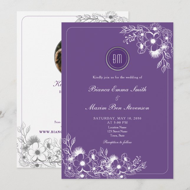Invitation Purple Floral Photo QR Code Wedding (Devant / Derrière)
