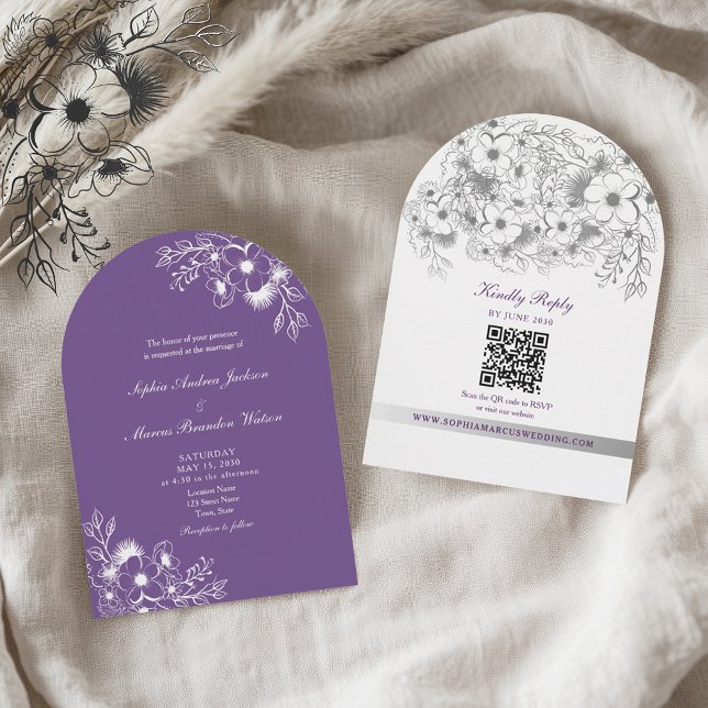 Invitation Purple Floral QR Code Wedding (Créateur téléchargé)