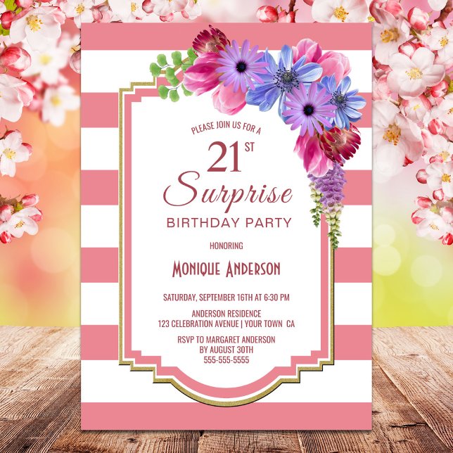 Invitation Purple Floral Rose Stripe Surprise 21e anniversair (Créateur téléchargé)